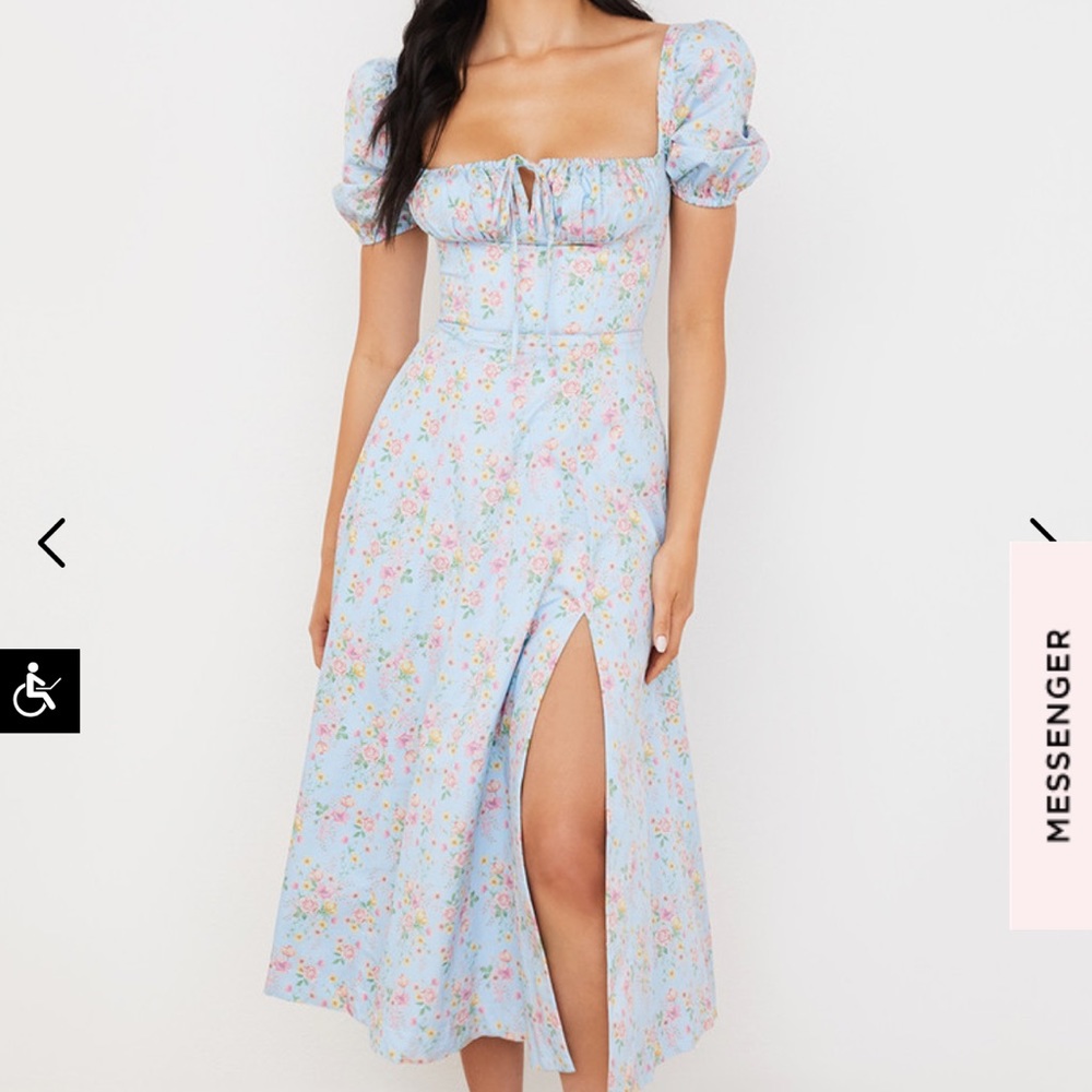 House of CB TALLULAH BLUE VINTAGE FLORAL PUFF SLEEVE MIDI DRESS NWT